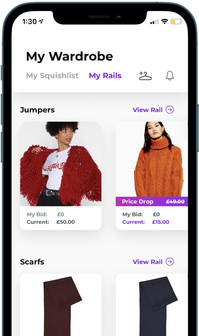 Squished app is an ecommerce app  that allows users to set the price they are willing to pay, and gives retailers the ability to send offers and discounts